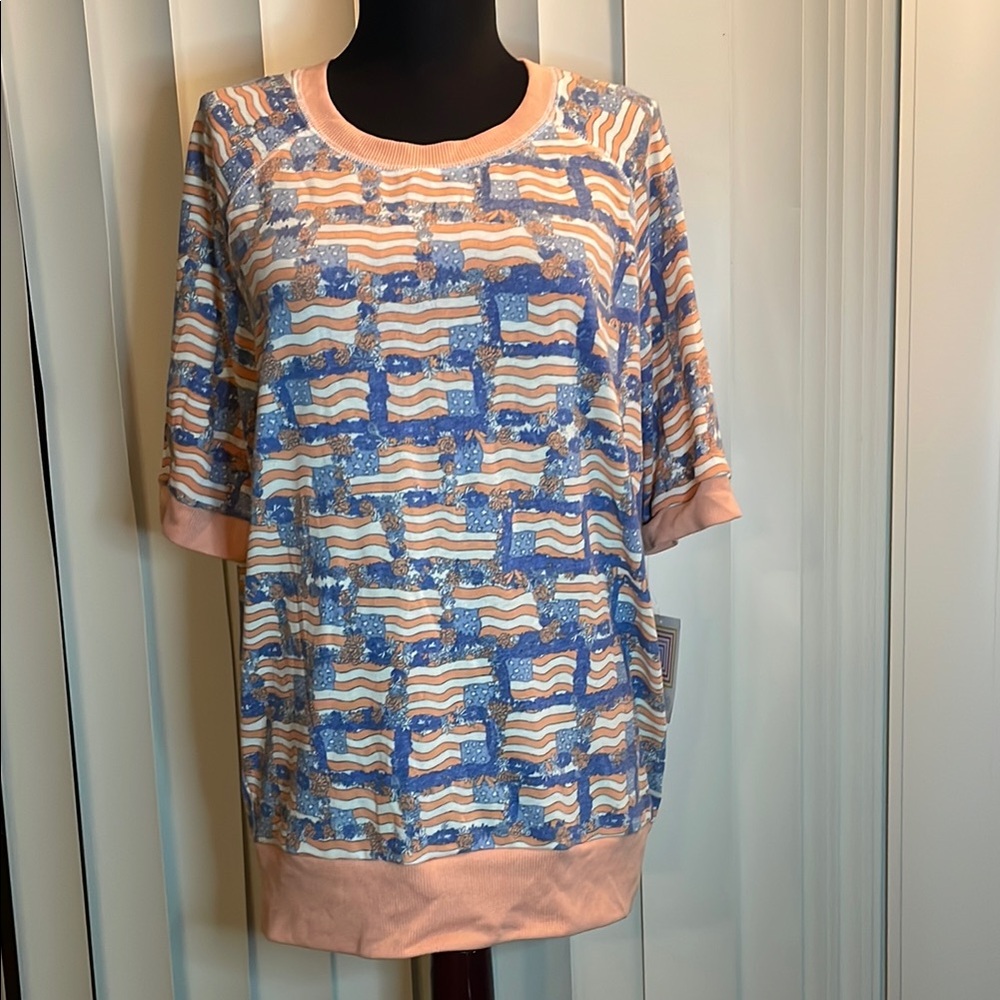 LuLaRoe Jane top - Blue and Pink flag Pattern